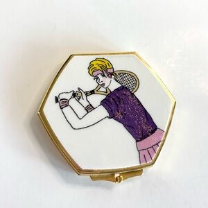 Double Mirror Compact with Tennis Player Enameled Gold Tone